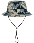 Camouflage bucket hat with a strap on a white background