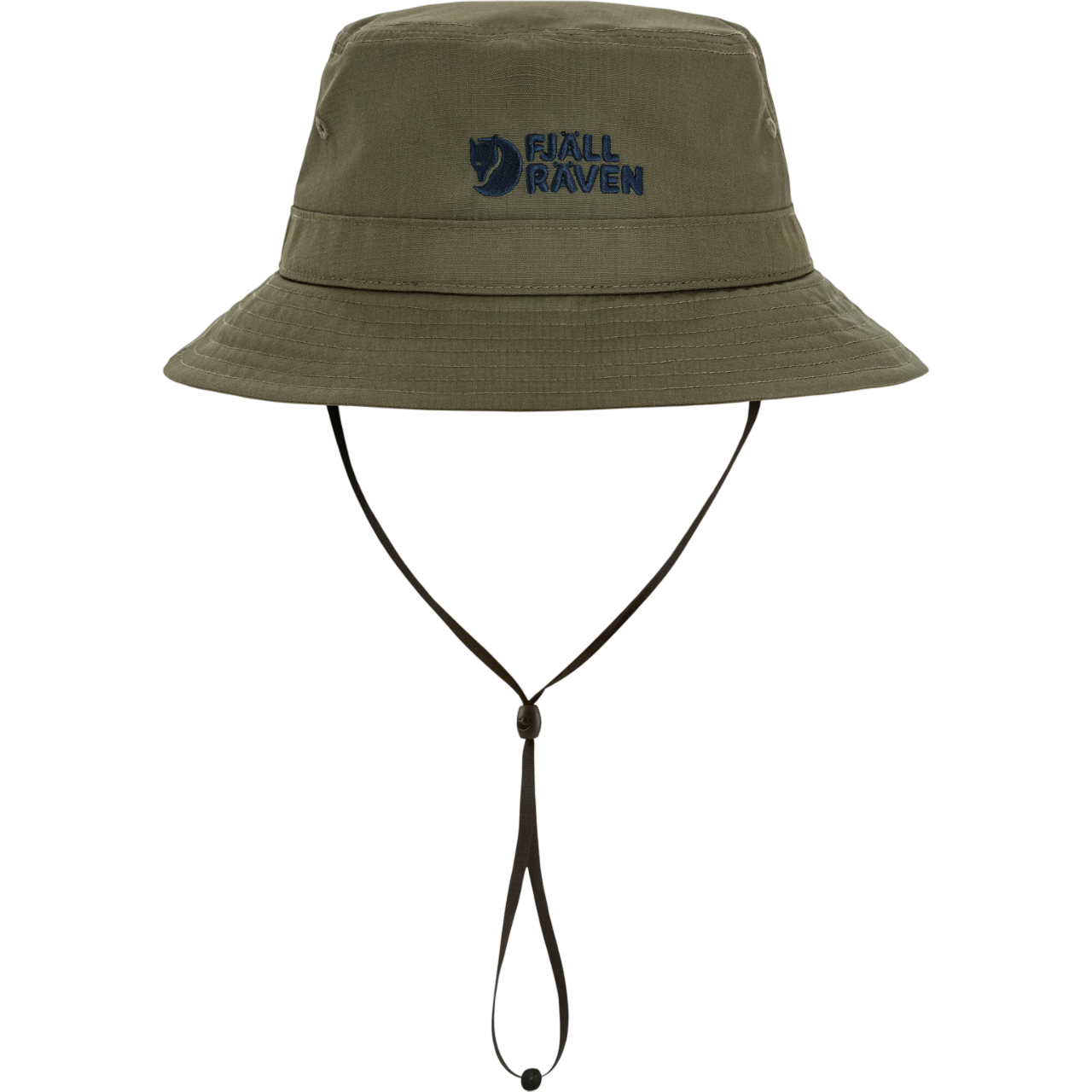 Green bucket hat with a Fjällräven logo on a white background