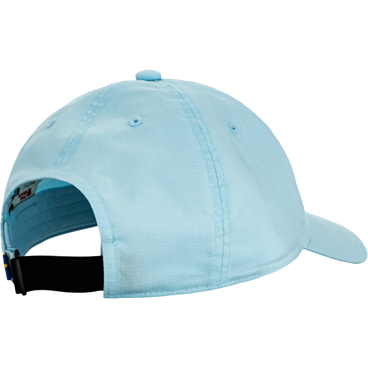 Light blue baseball cap with a black strap on a white background