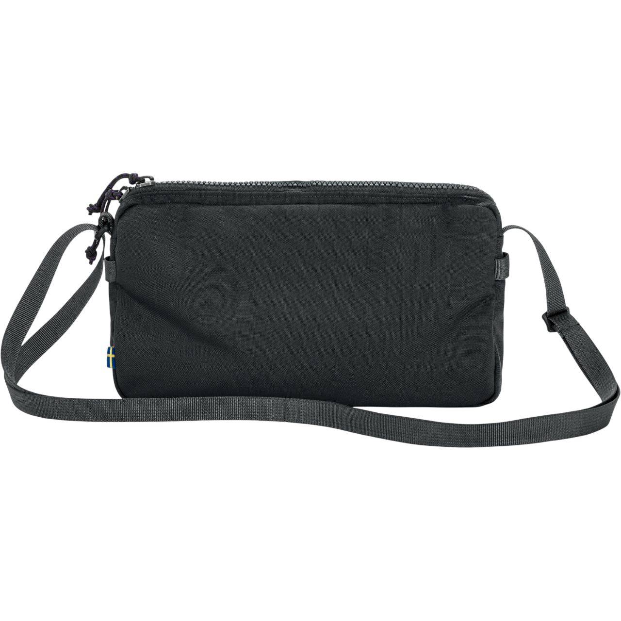 Black crossbody bag with a visible fjallraven logo on a white background