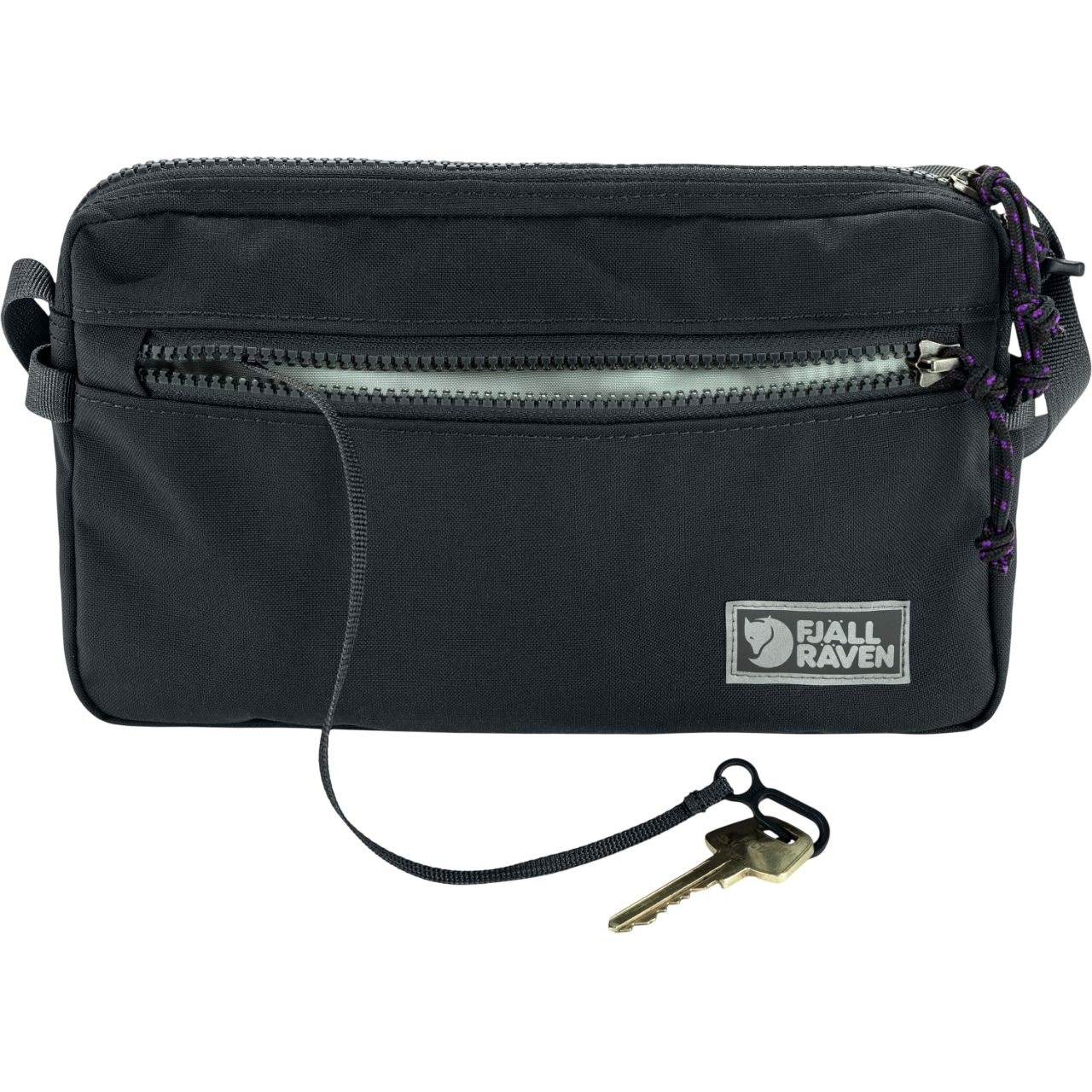 Black crossbody bag with a key attached on a white background, featuring Fjällräven logo.