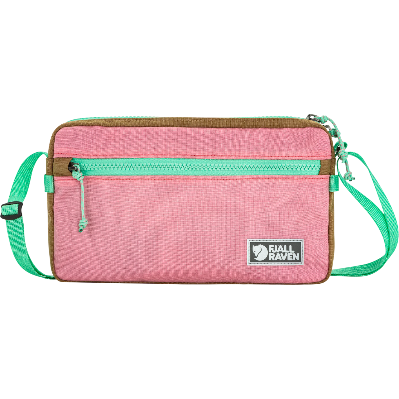 Pink crossbody bag with green straps and Fjällräven logo on a white background