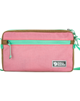 Pink crossbody bag with green straps and Fjällräven logo on a white background