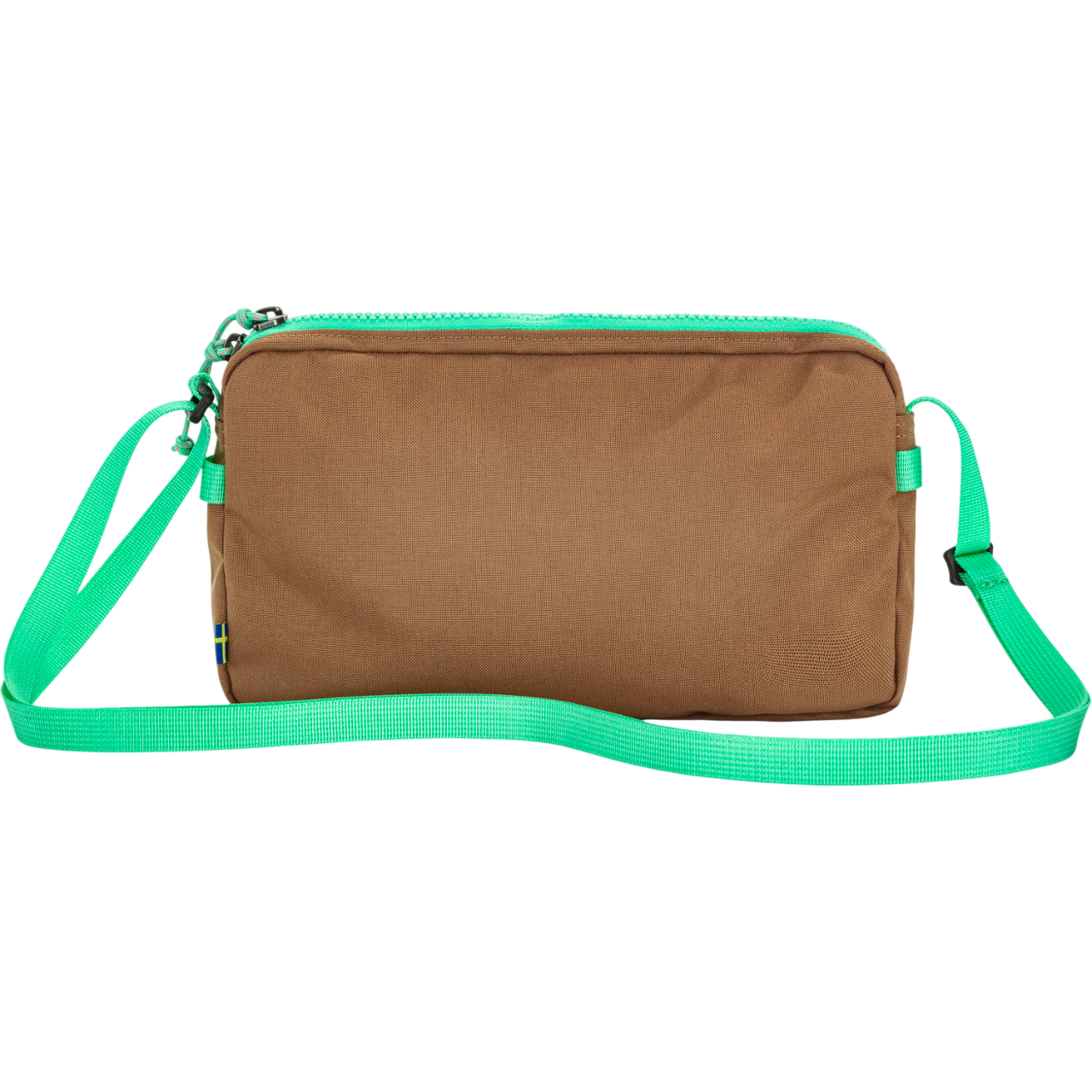 Brown bag with a green strap on a white background