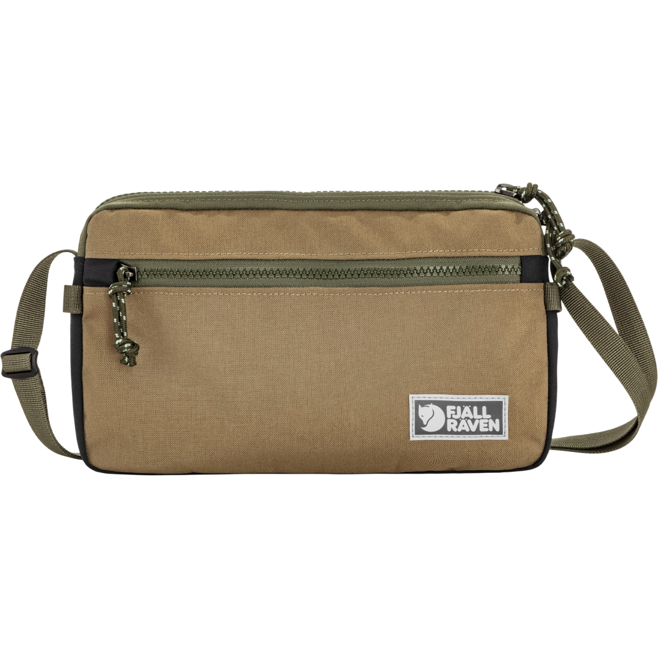 Brown crossbody bag with a visible Fjällräven logo on a white background