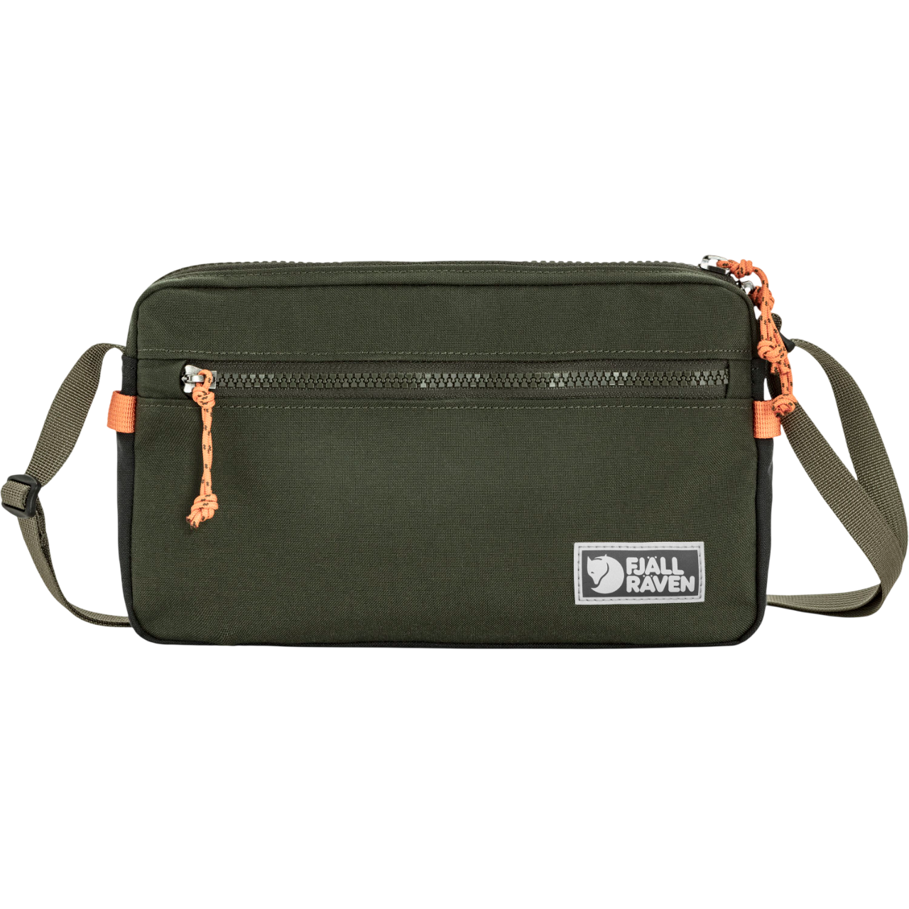 Green crossbody bag with orange zippers on a white background