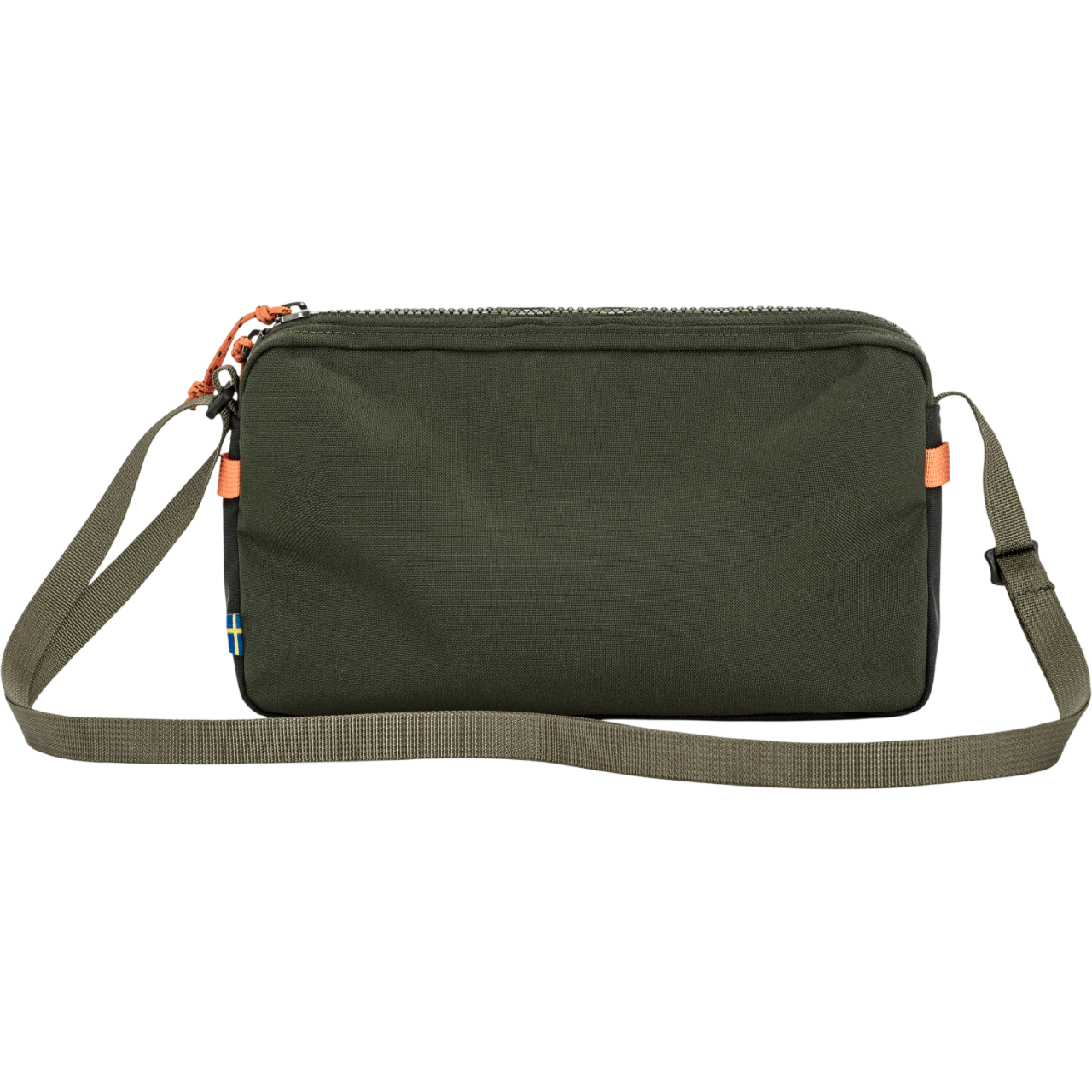 Green crossbody bag with orange zippers on a white background