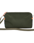 Green crossbody bag with orange zippers on a white background