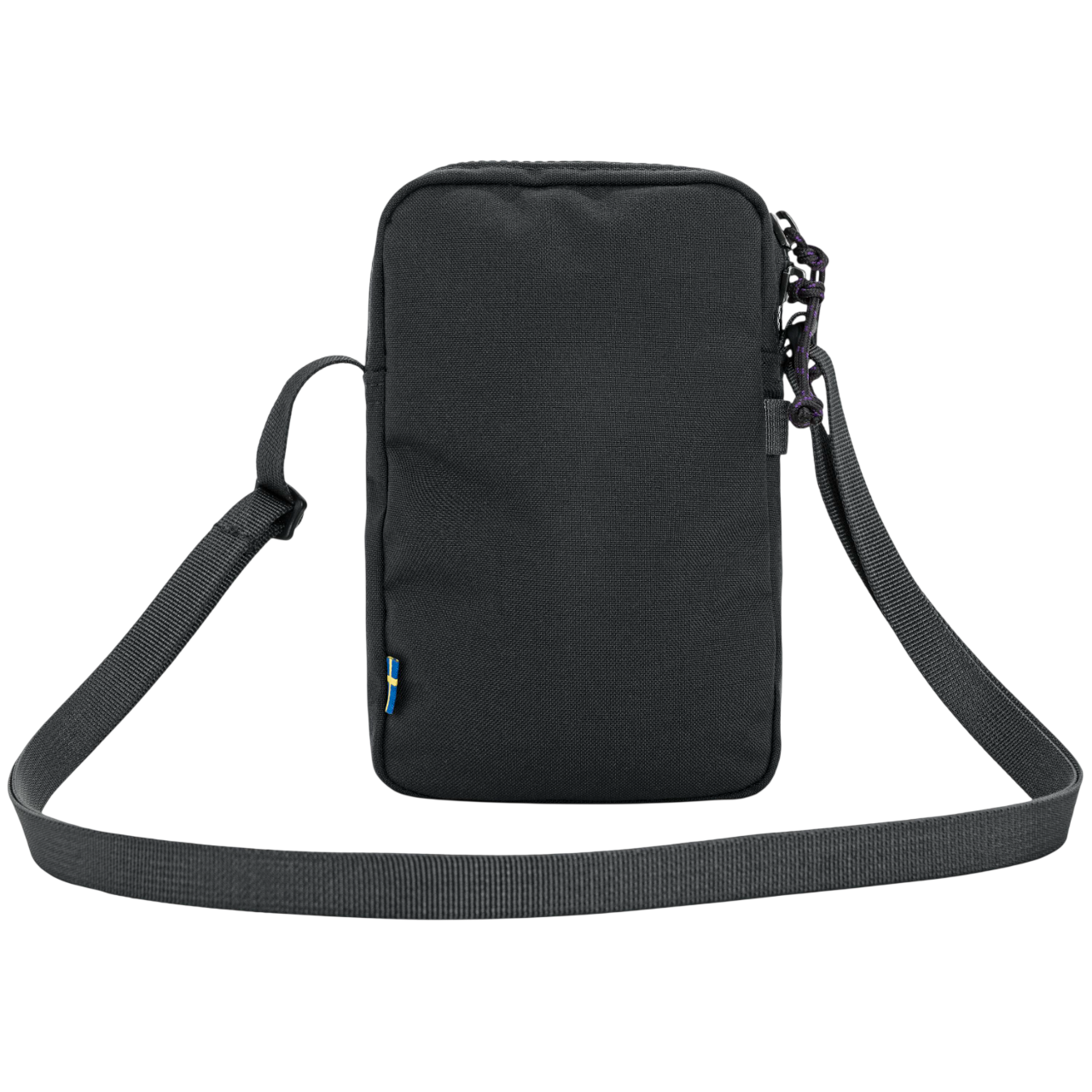 Black crossbody bag with a strap on a white background