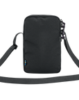 Black crossbody bag with a strap on a white background