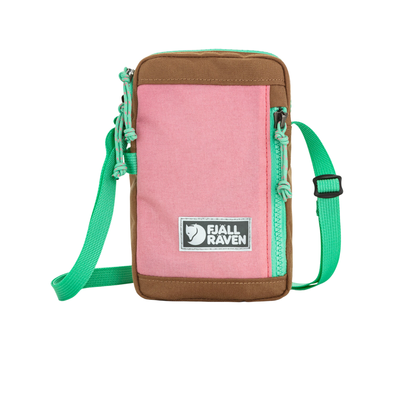Pink crossbody sling  bag with brown accents and green straps on a white background, featuring Fjällräven logo.