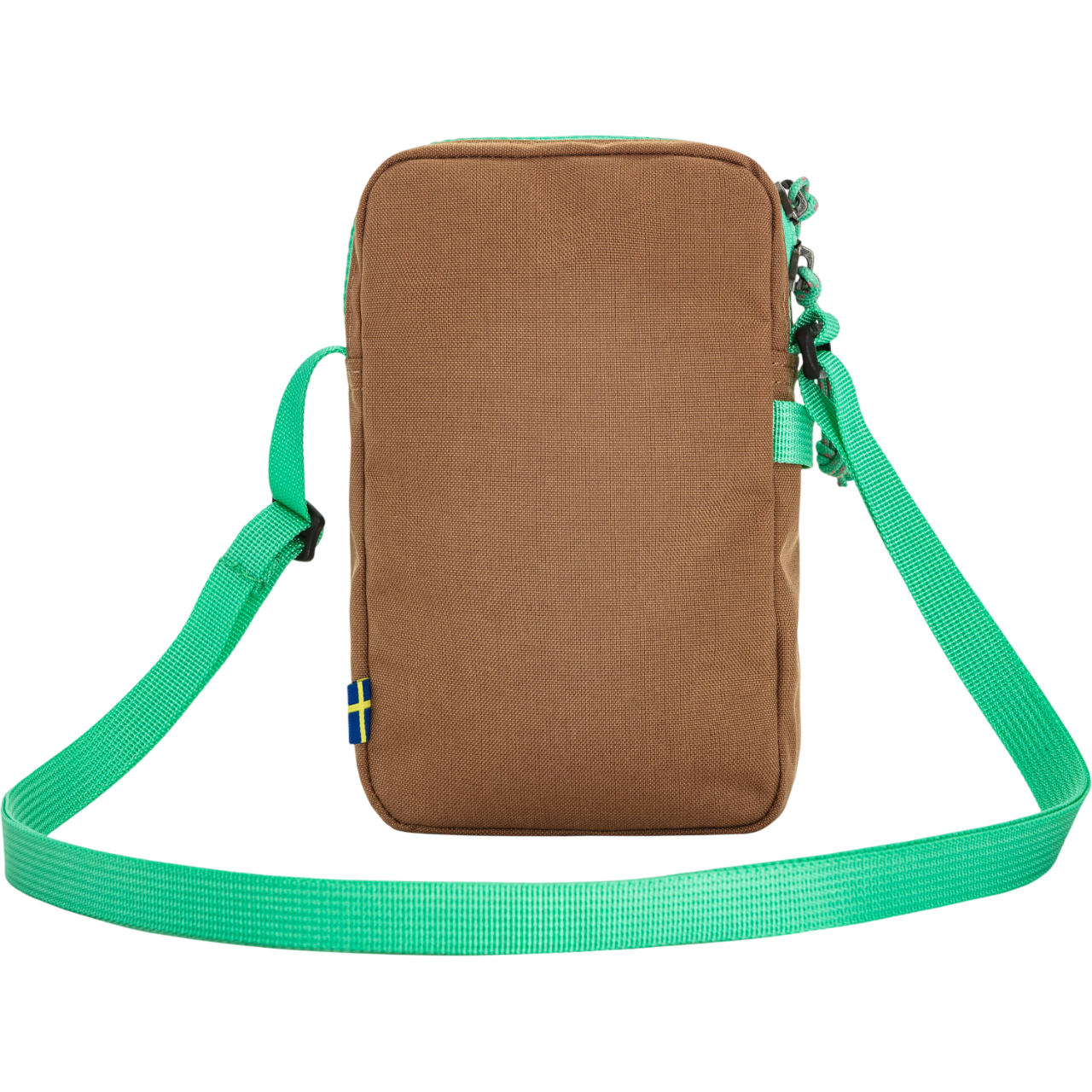 Brown rectangular bag with a green strap on a white background