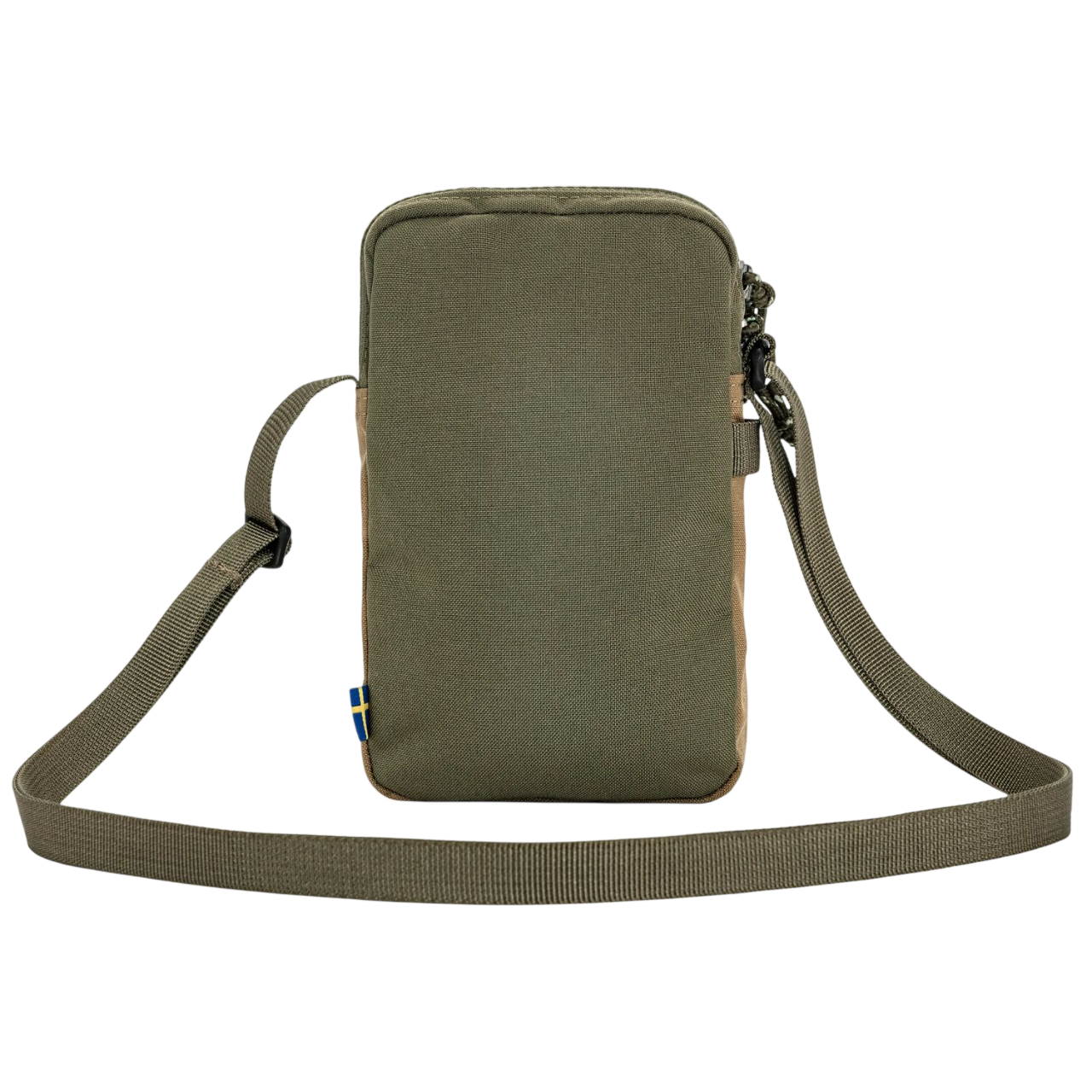 Green crossbody bag with a strap on a white background