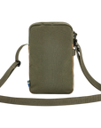 Green crossbody bag with a strap on a white background