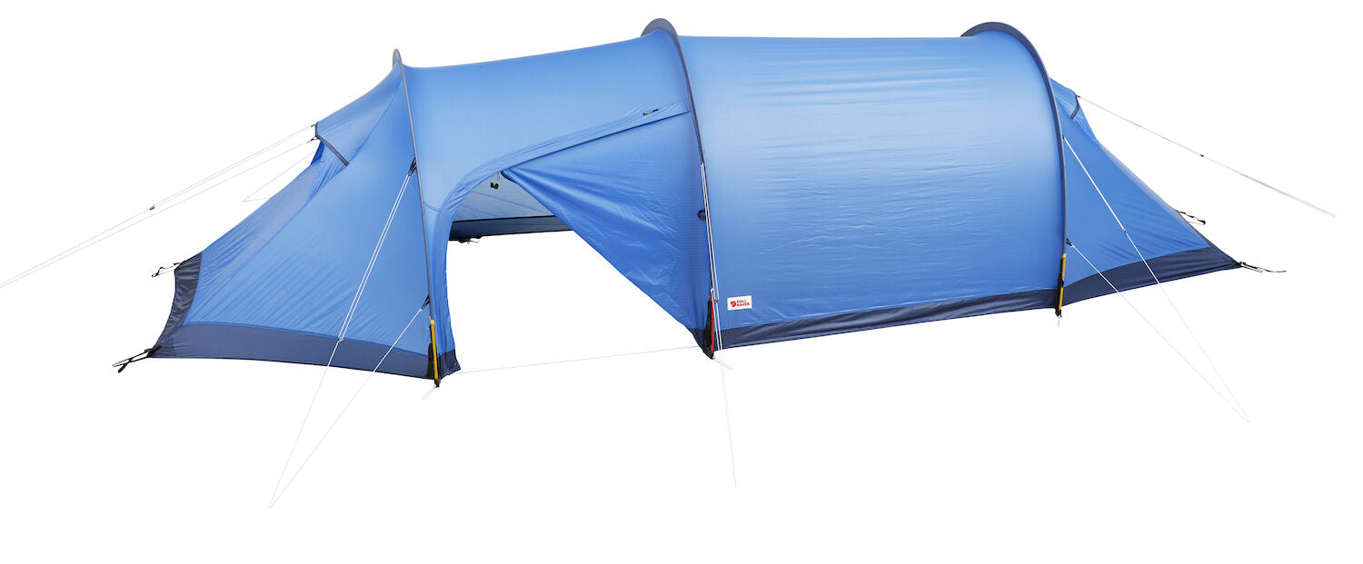 Blue camping tent on a white background with zip opening