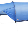 Blue camping tent on a white background with zip opening