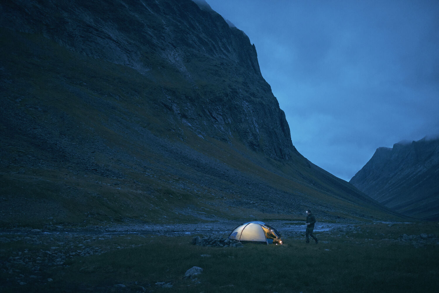 camping in a dome tent on an evening