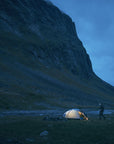 camping in a dome tent on an evening