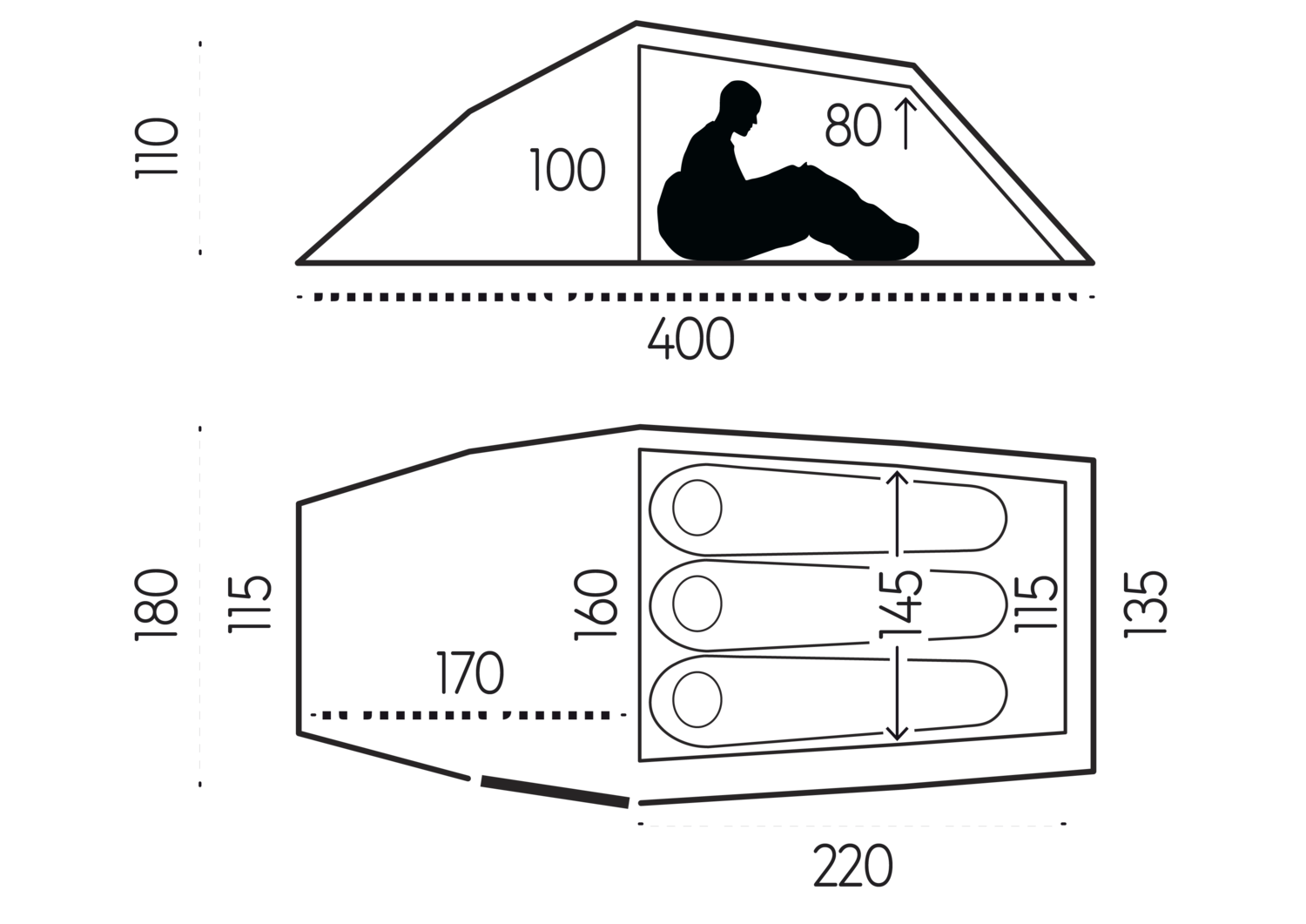 Diagram of a vehicle interior with dimensions and a silhouette of a person.