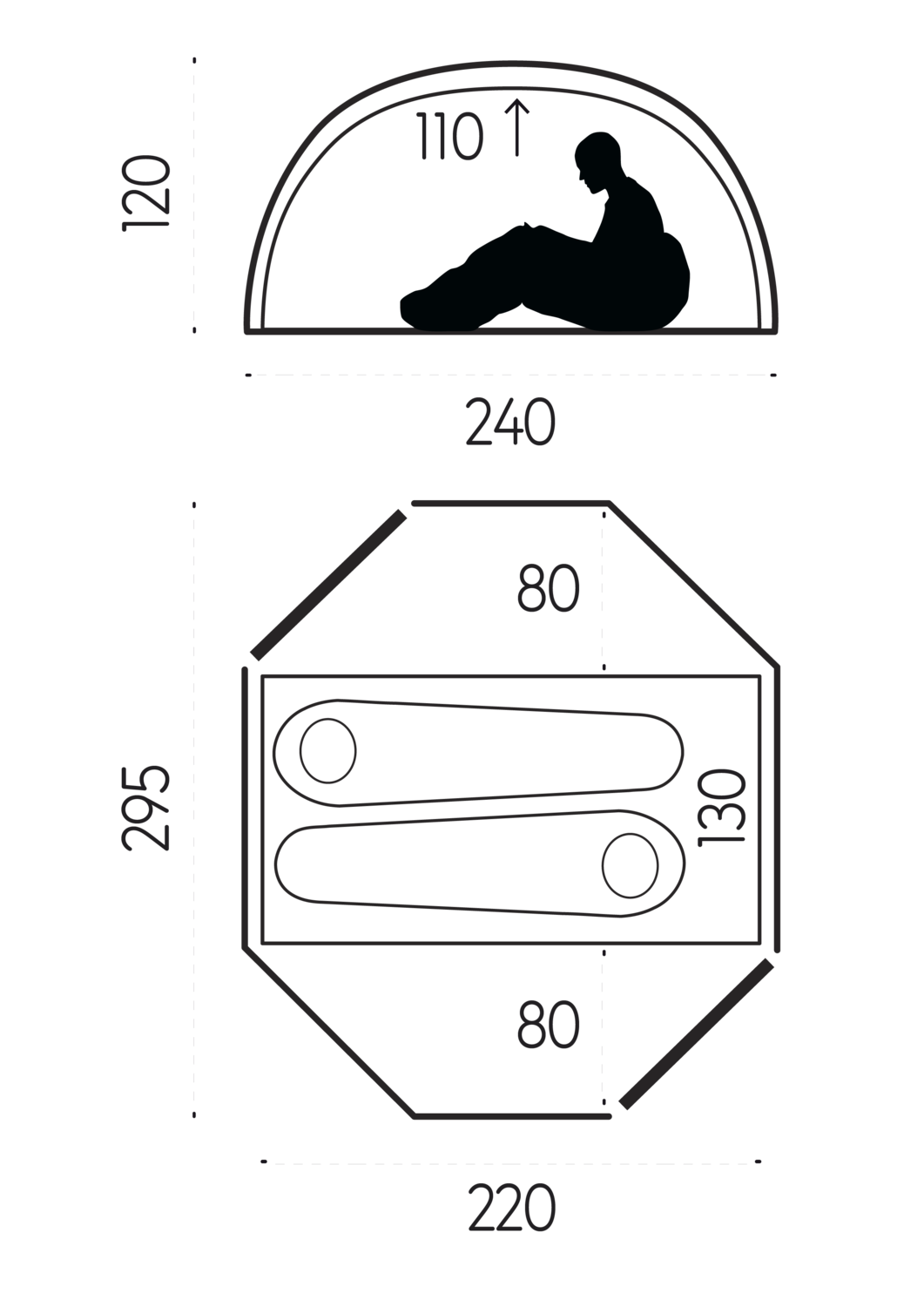 Diagram showing dimensions of a seating area with a person silhouette and measurements.