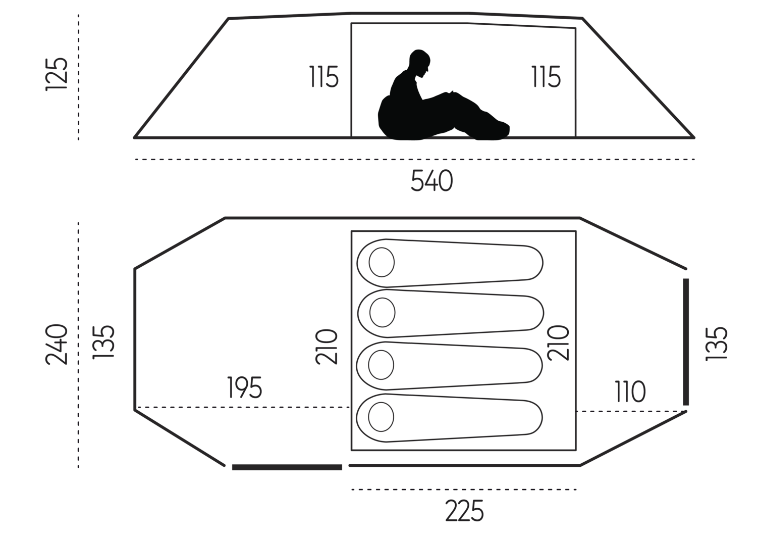 Diagram of a vehicle interior with dimensions labeled