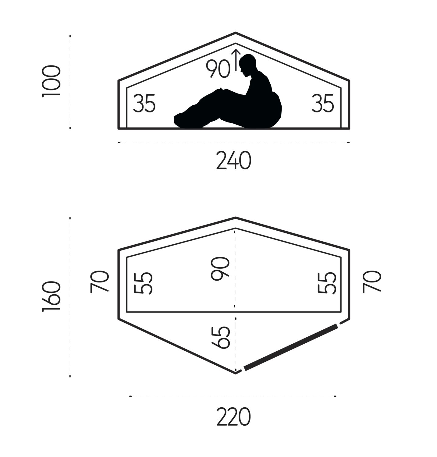 Diagram of a hexagonal seat with dimensions labeled
