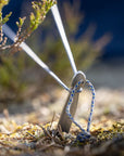 Metal tent stake with rope in a natural setting